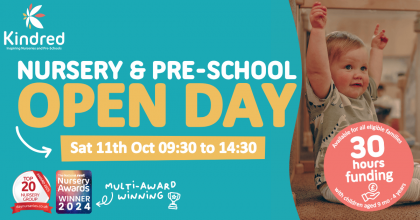 Banner for Kindred Edmonton Nursery and Pre-School Open Day, Sat 11 Oct 09:30–14:30.