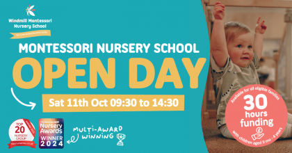 Banner for Kindred Windmill Nursery and Pre-School Open Day, Sat 11 Oct 09:30–14:30.