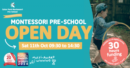 Banner for Kindred Cator Park Montessori Pre-School Open Day, Sat 11 Oct 09:30–14:30.