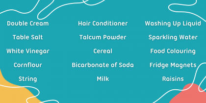 Bicarbonate of Soda White Vinegar Cornflour Sparkling Water Milk Double Cream Food Colouring Washing Up Liquid Hair Conditioner Talcum Powder Raisins Cereal Fridge Magnets Table Salt String.png